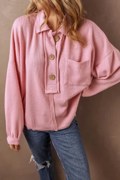 Fashion Dear-Lover Ribbed Knit Collared Henley Top with Chest Pocket Pink