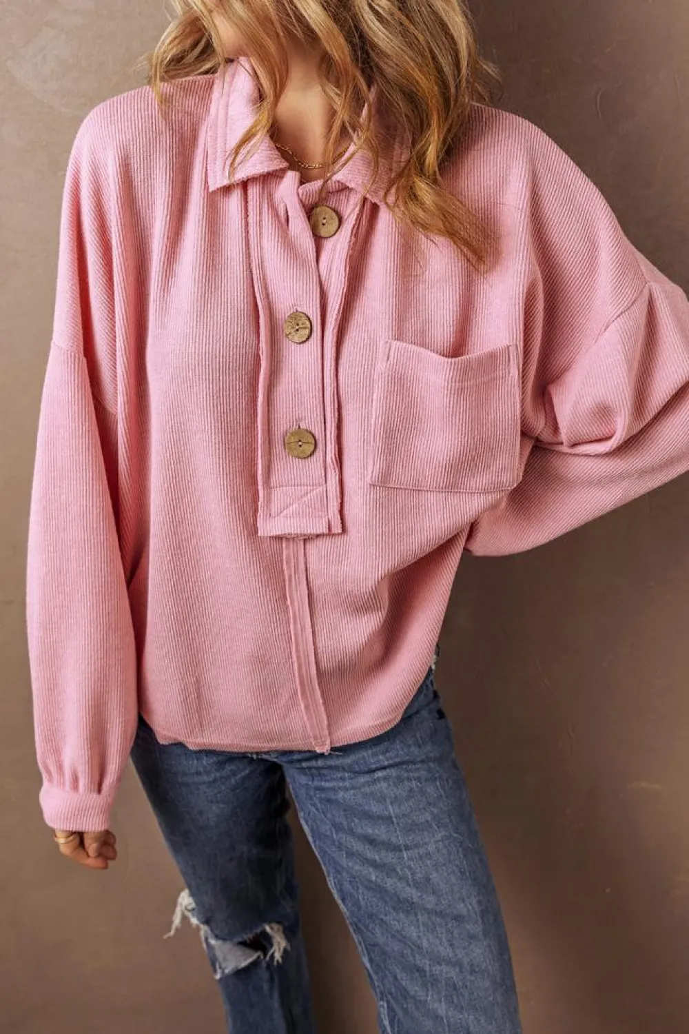 Fashion Dear-Lover Ribbed Knit Collared Henley Top with Chest Pocket Pink