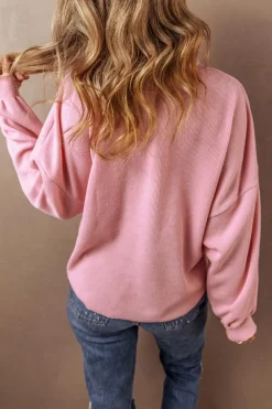 Fashion Dear-Lover Ribbed Knit Collared Henley Top with Chest Pocket Pink