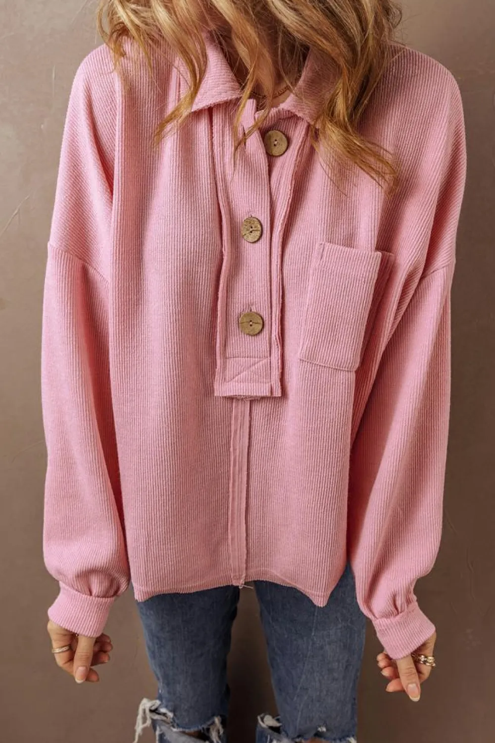 Fashion Dear-Lover Ribbed Knit Collared Henley Top with Chest Pocket Pink