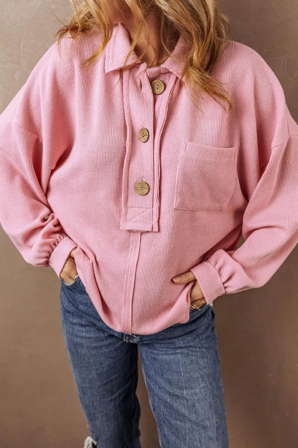 Fashion Dear-Lover Ribbed Knit Collared Henley Top with Chest Pocket Pink