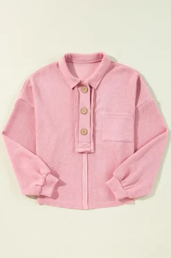 Fashion Dear-Lover Ribbed Knit Collared Henley Top with Chest Pocket Pink
