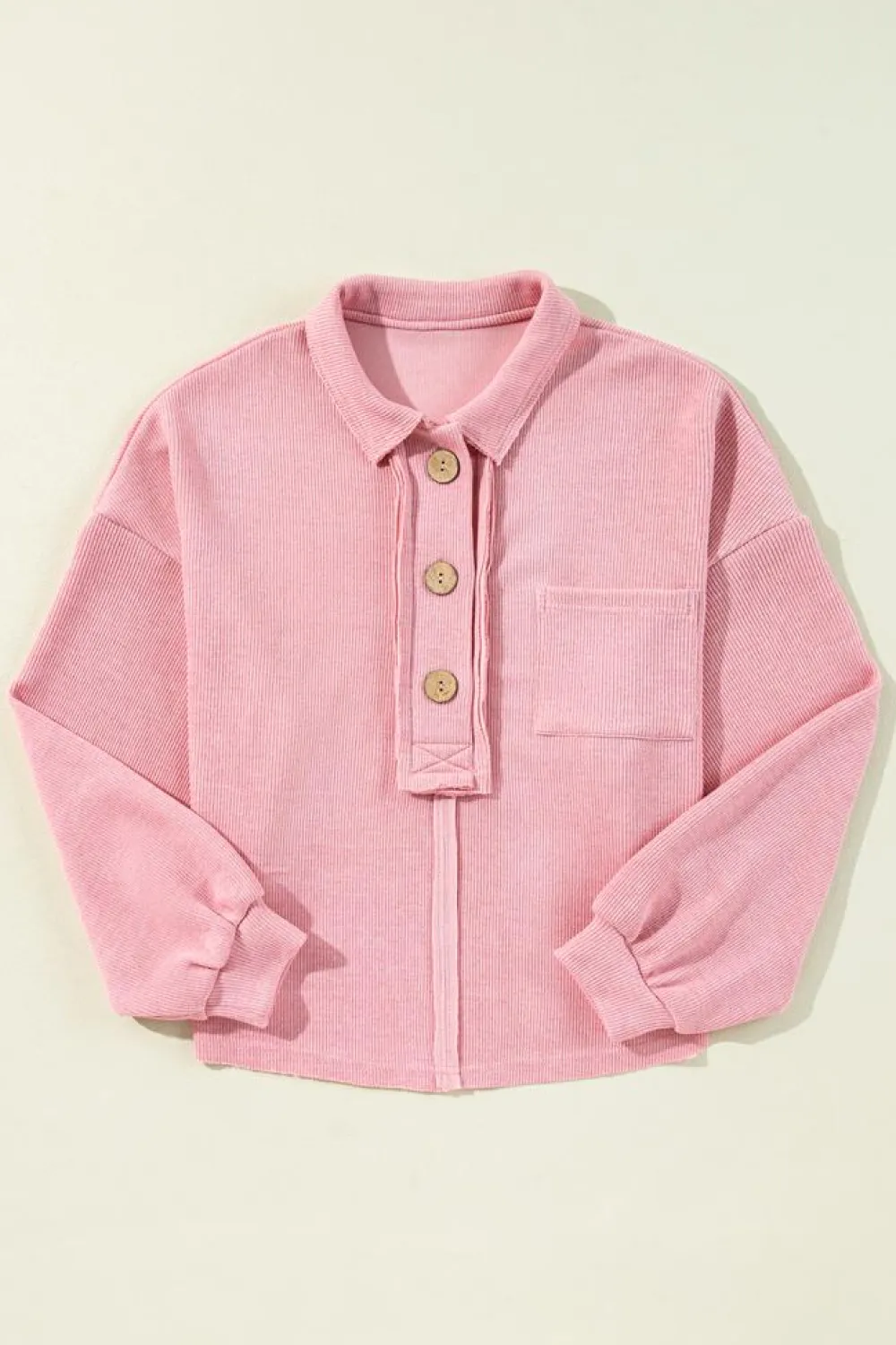 Fashion Dear-Lover Ribbed Knit Collared Henley Top with Chest Pocket Pink