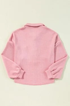 Fashion Dear-Lover Ribbed Knit Collared Henley Top with Chest Pocket Pink