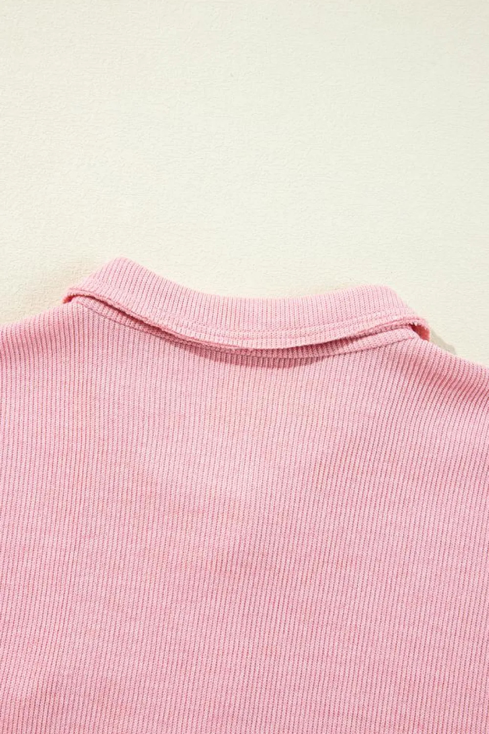 Fashion Dear-Lover Ribbed Knit Collared Henley Top with Chest Pocket Pink