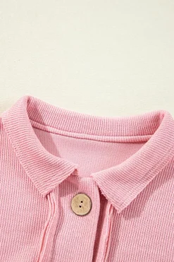 Fashion Dear-Lover Ribbed Knit Collared Henley Top with Chest Pocket Pink