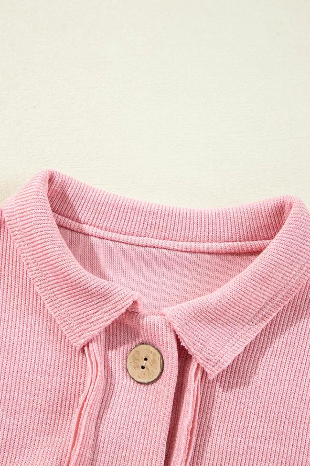 Fashion Dear-Lover Ribbed Knit Collared Henley Top with Chest Pocket Pink