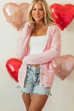 Best Dear-Lover Ribbed Knit Scalloped Edge Side Pockets Buttoned Cardigan Pink