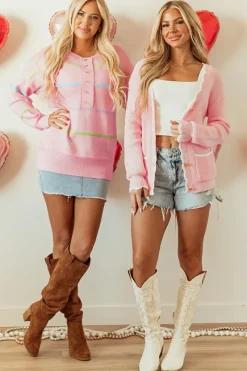 Best Dear-Lover Ribbed Knit Scalloped Edge Side Pockets Buttoned Cardigan Pink