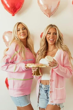 Best Dear-Lover Ribbed Knit Scalloped Edge Side Pockets Buttoned Cardigan Pink