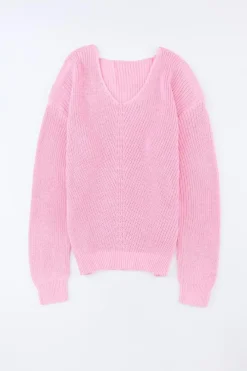 Best Dear-Lover Ribbed Knit V Neck Sweater Pink
