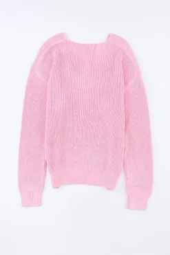Best Dear-Lover Ribbed Knit V Neck Sweater Pink