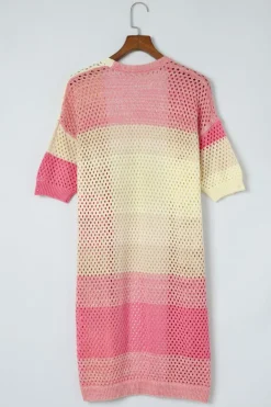Online Dear-Lover Ribbed Short Sleeve Ombre Eyelet Knitted Cardigan Pink