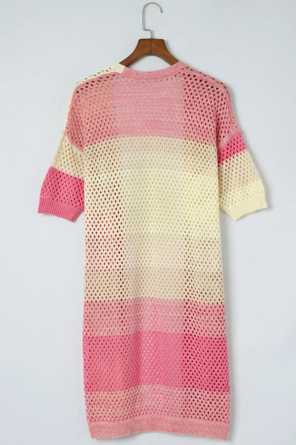 Online Dear-Lover Ribbed Short Sleeve Ombre Eyelet Knitted Cardigan Pink