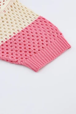 Online Dear-Lover Ribbed Short Sleeve Ombre Eyelet Knitted Cardigan Pink