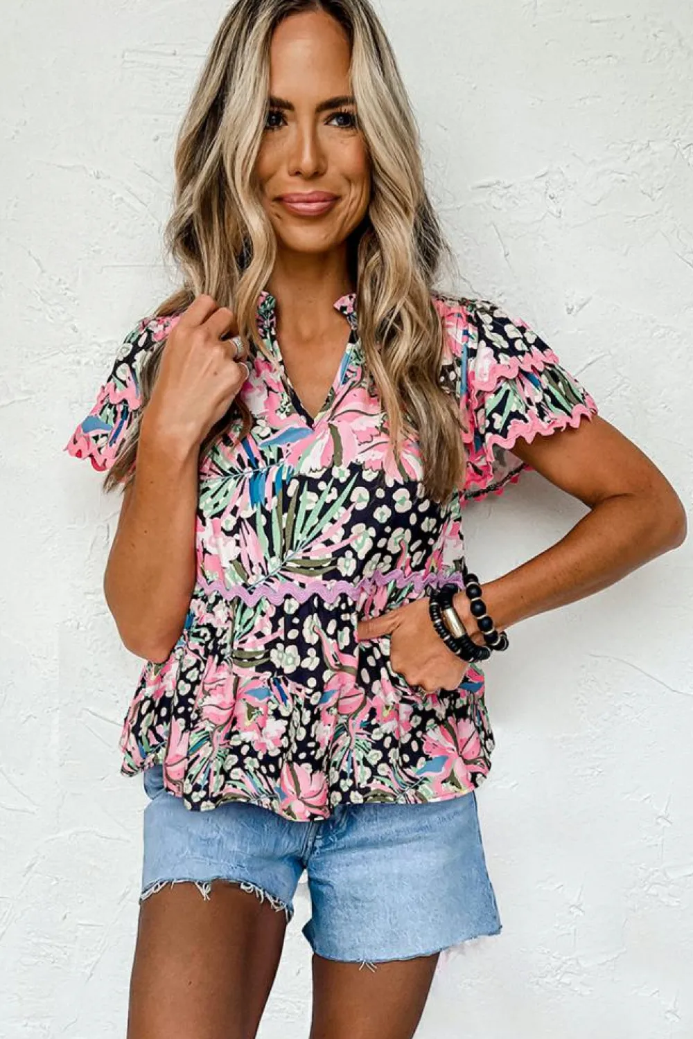 Fashion Dear-Lover Ricrac Floral Tiered Short Sleeve Blouse Pink
