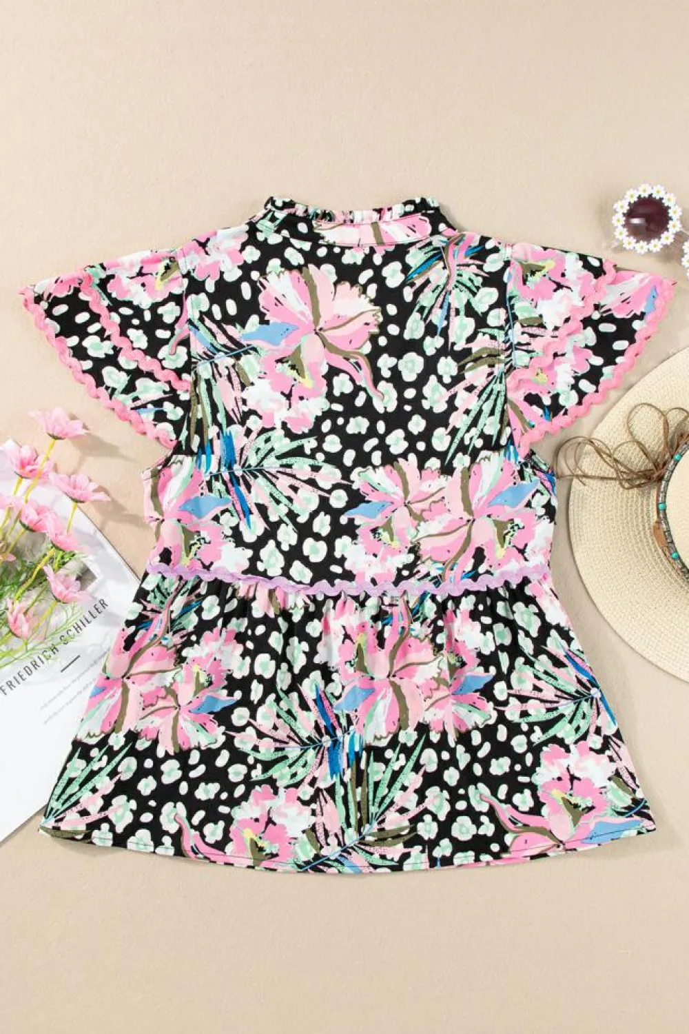 Fashion Dear-Lover Ricrac Floral Tiered Short Sleeve Blouse Pink