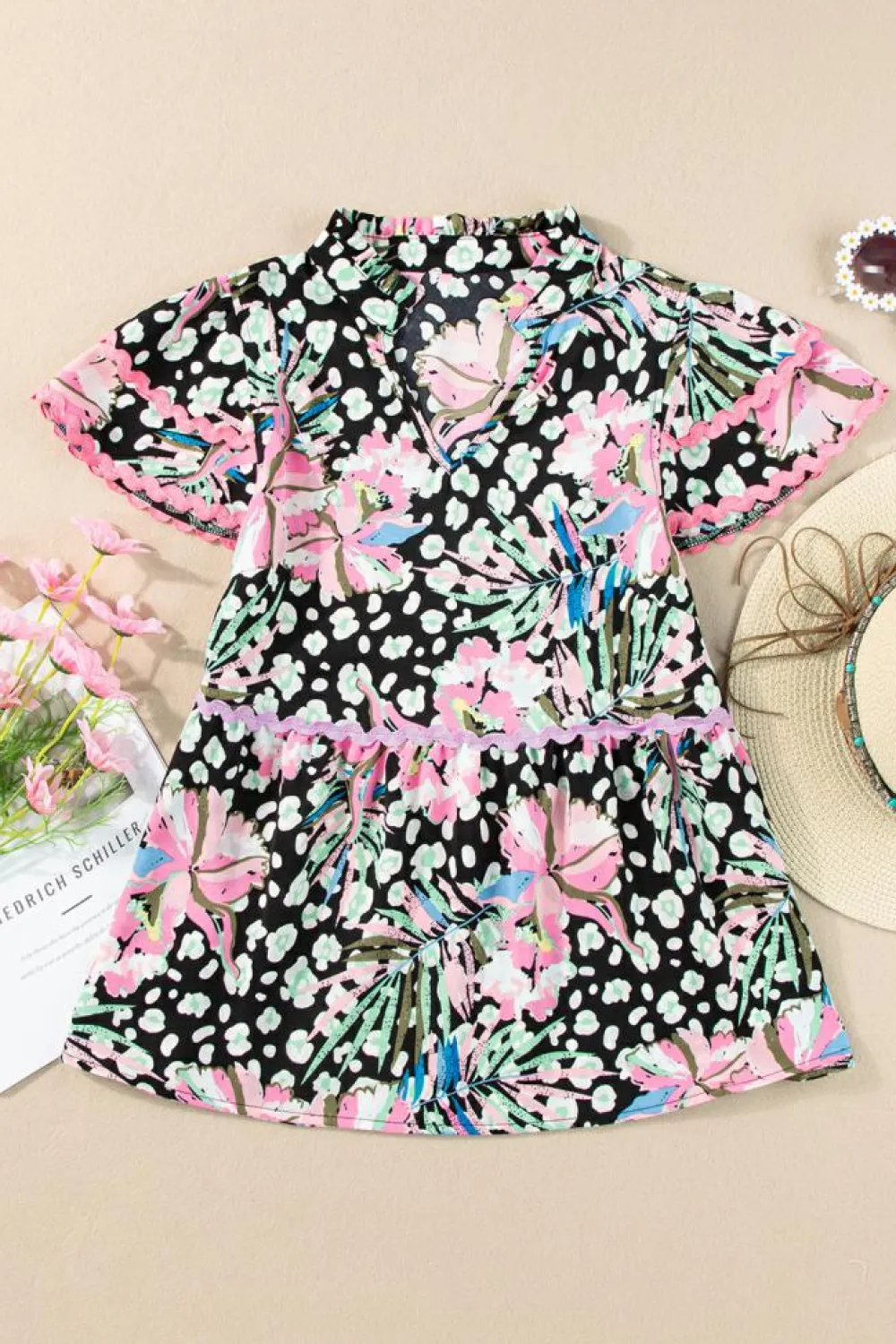 Fashion Dear-Lover Ricrac Floral Tiered Short Sleeve Blouse Pink