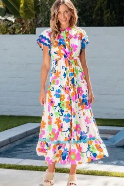 Online Dear-Lover Ricrac Trim Flutter Sleeve Buttoned Floral Maxi Dress Pink