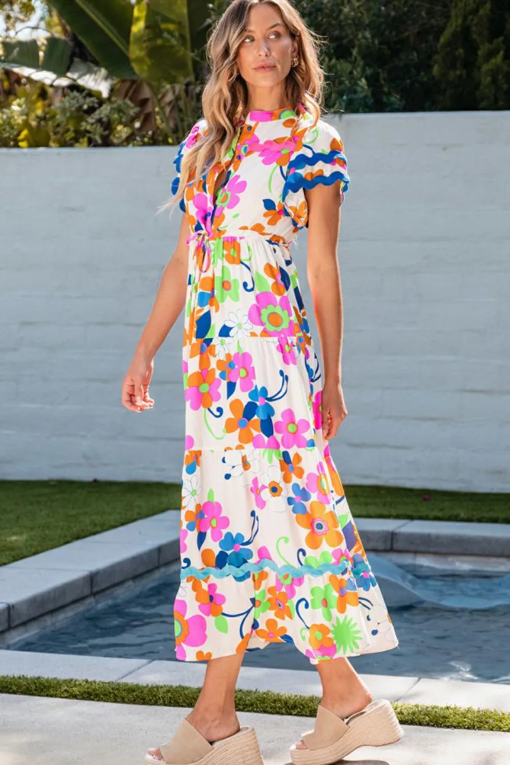 Online Dear-Lover Ricrac Trim Flutter Sleeve Buttoned Floral Maxi Dress Pink