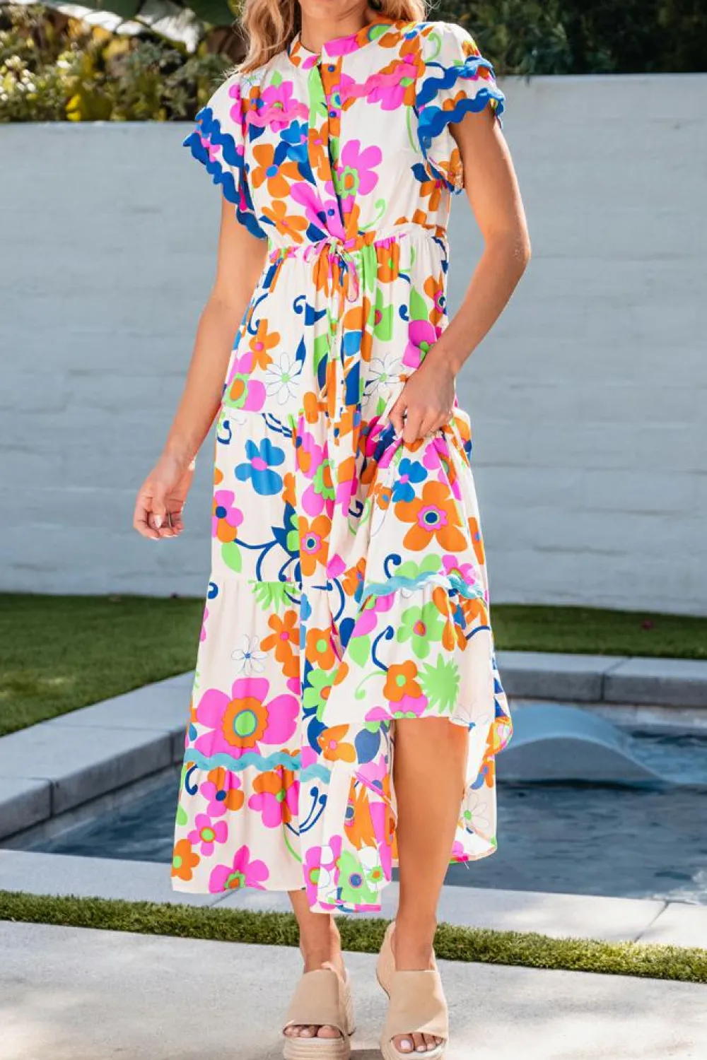 Online Dear-Lover Ricrac Trim Flutter Sleeve Buttoned Floral Maxi Dress Pink