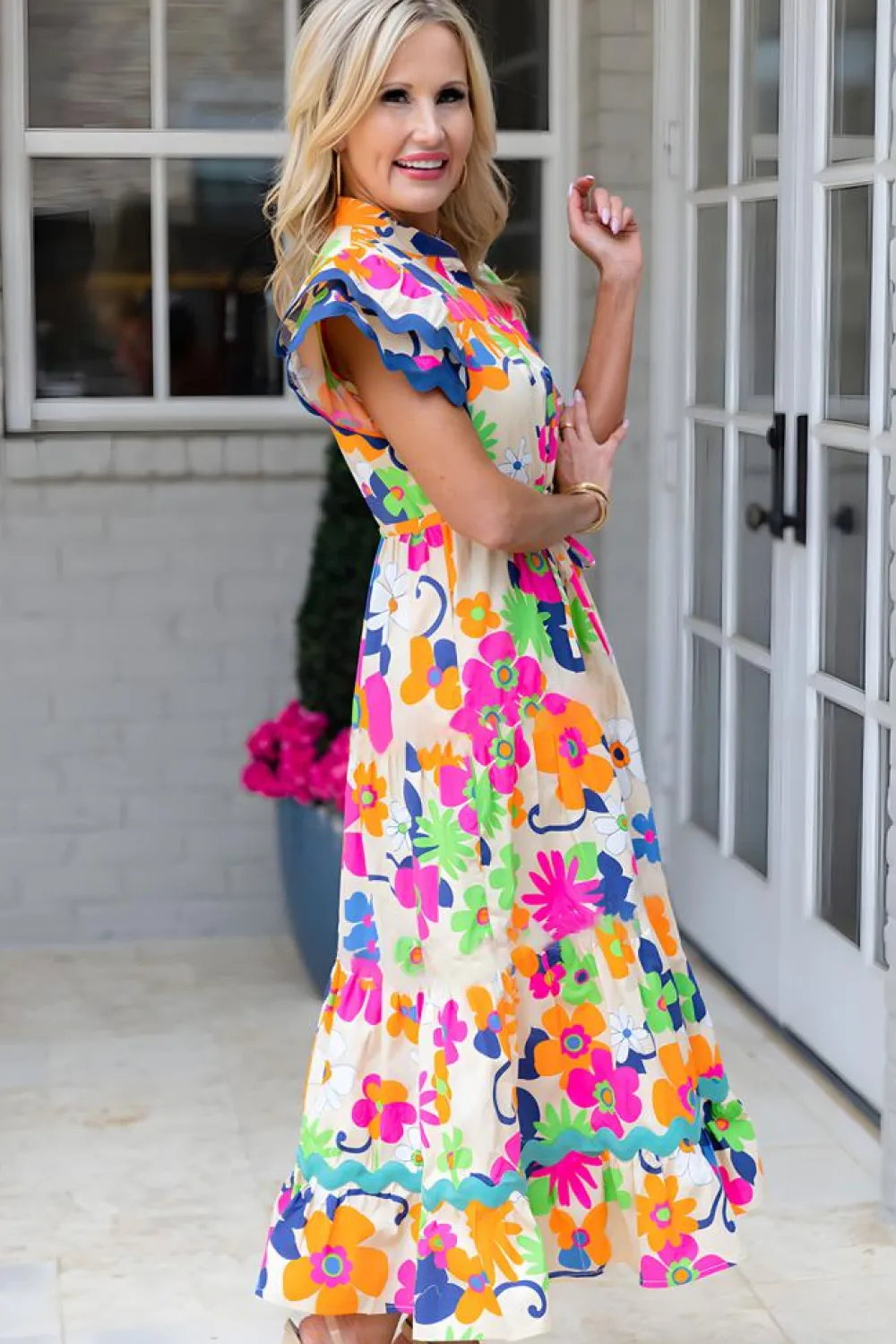 Online Dear-Lover Ricrac Trim Flutter Sleeve Buttoned Floral Maxi Dress Pink