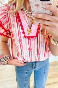 New Dear-Lover Ric-rac Trim Ruffled Sleeve V Neck Bow Striped Printed Blouse Pink