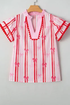 New Dear-Lover Ric-rac Trim Ruffled Sleeve V Neck Bow Striped Printed Blouse Pink
