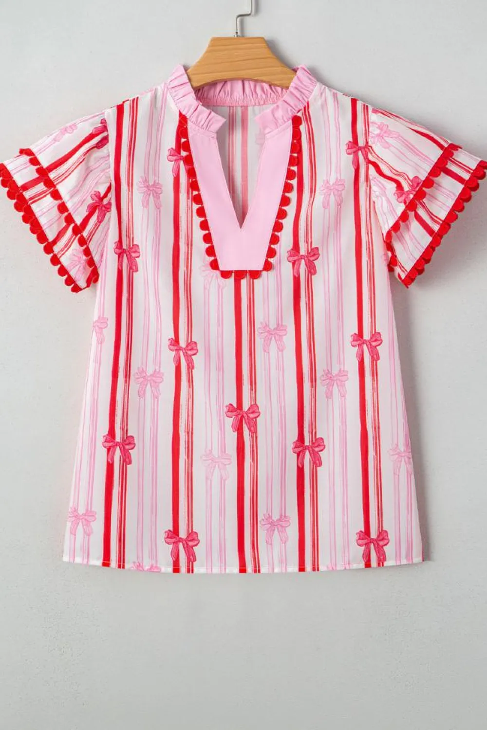 New Dear-Lover Ric-rac Trim Ruffled Sleeve V Neck Bow Striped Printed Blouse Pink
