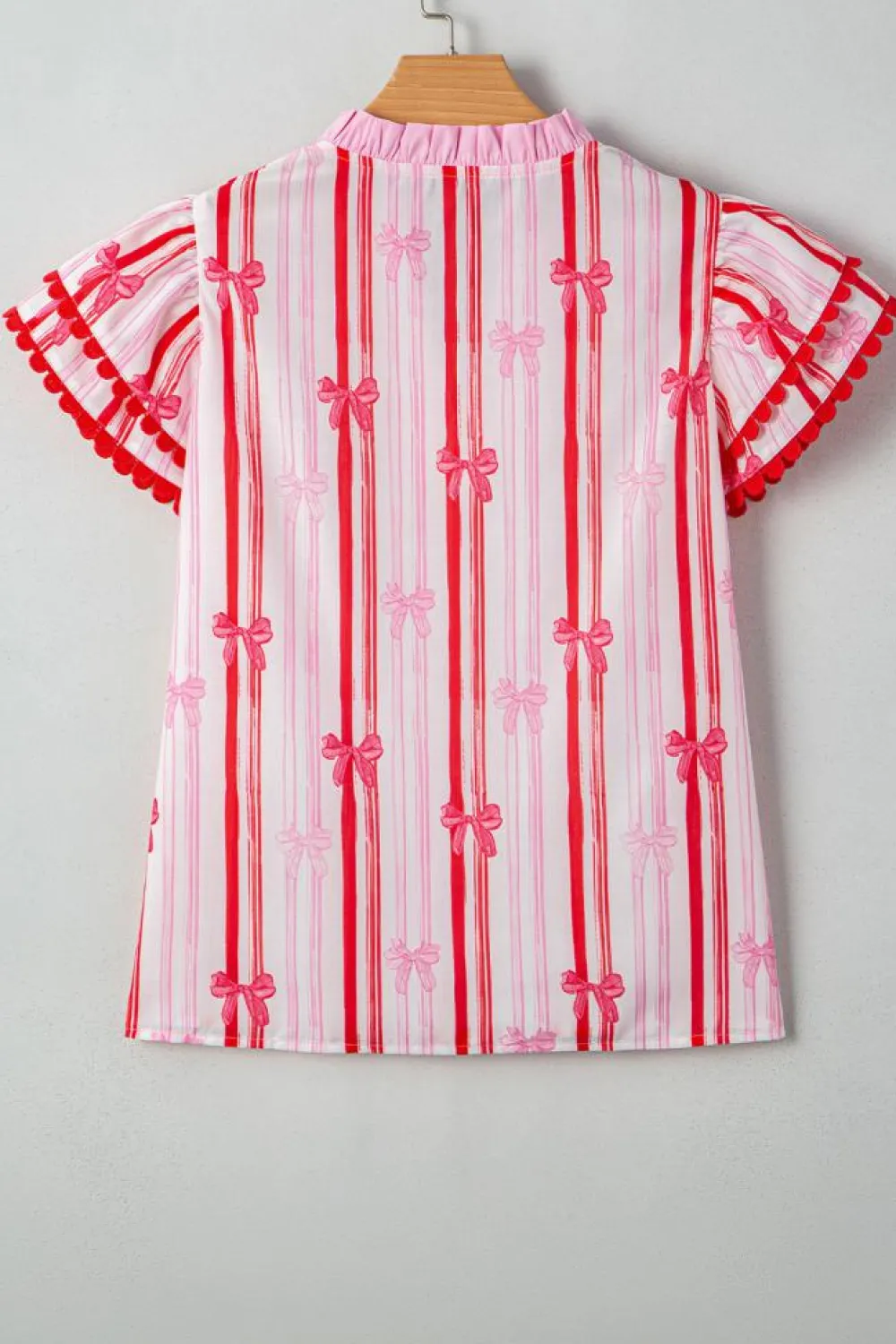 New Dear-Lover Ric-rac Trim Ruffled Sleeve V Neck Bow Striped Printed Blouse Pink