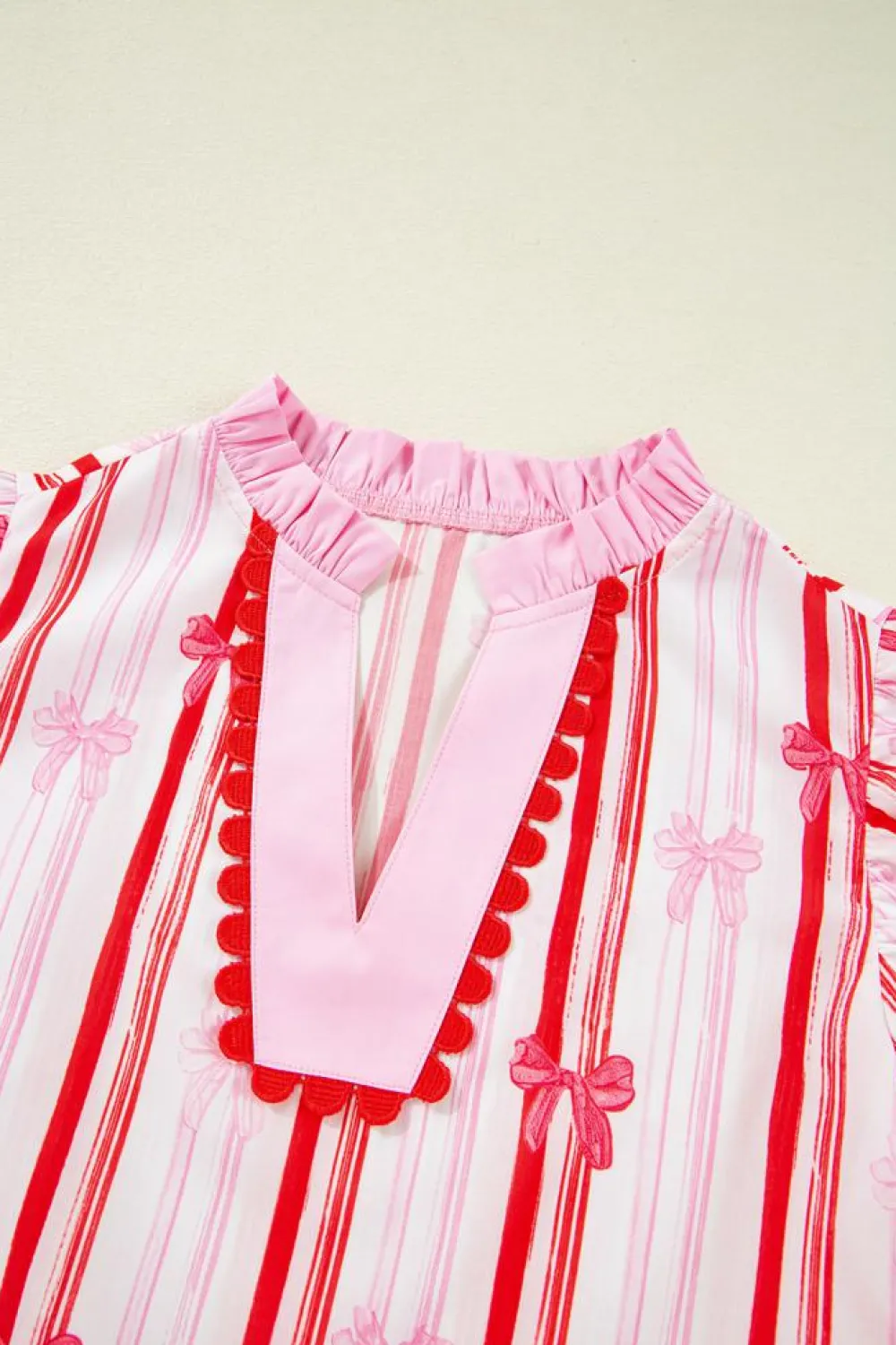 New Dear-Lover Ric-rac Trim Ruffled Sleeve V Neck Bow Striped Printed Blouse Pink