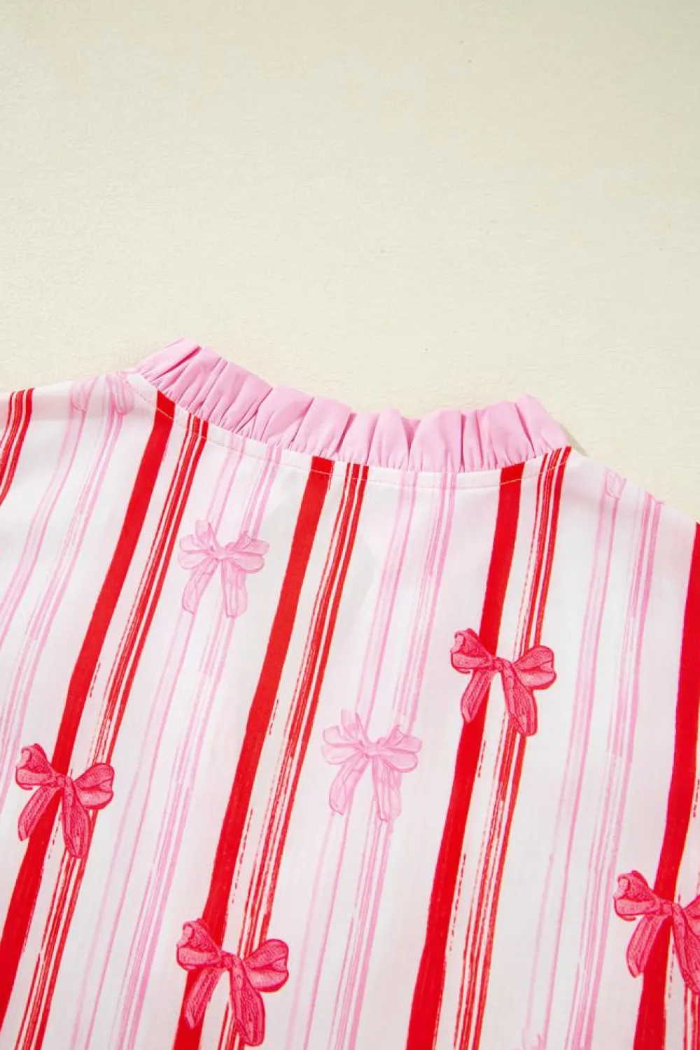 New Dear-Lover Ric-rac Trim Ruffled Sleeve V Neck Bow Striped Printed Blouse Pink