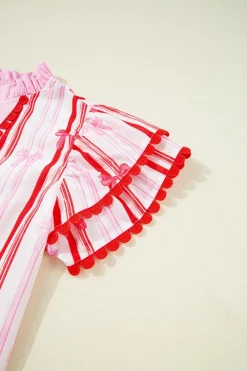 New Dear-Lover Ric-rac Trim Ruffled Sleeve V Neck Bow Striped Printed Blouse Pink