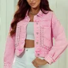 Outlet Dear-Lover Rivet Studded Pocketed Denim Jacket Pink