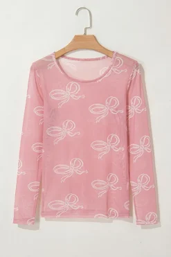 Discount Dear-Lover Round Neck Bow Print Long Sleeve Mesh Top Pink