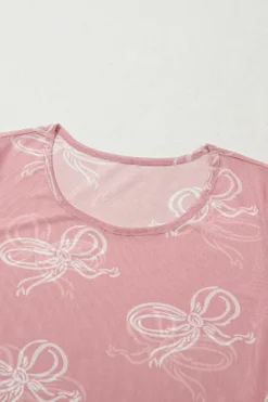 Discount Dear-Lover Round Neck Bow Print Long Sleeve Mesh Top Pink