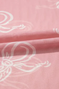 Discount Dear-Lover Round Neck Bow Print Long Sleeve Mesh Top Pink
