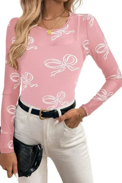Discount Dear-Lover Round Neck Bow Print Long Sleeve Mesh Top Pink
