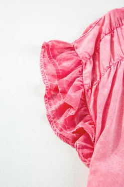 Discount Dear-Lover Ruffled Short Sleeve Buttoned Denim Mini Dress Pink