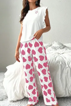 Online Dear-Lover Ruffled Tank Top And Heart Print Pants Lounge Set Pink