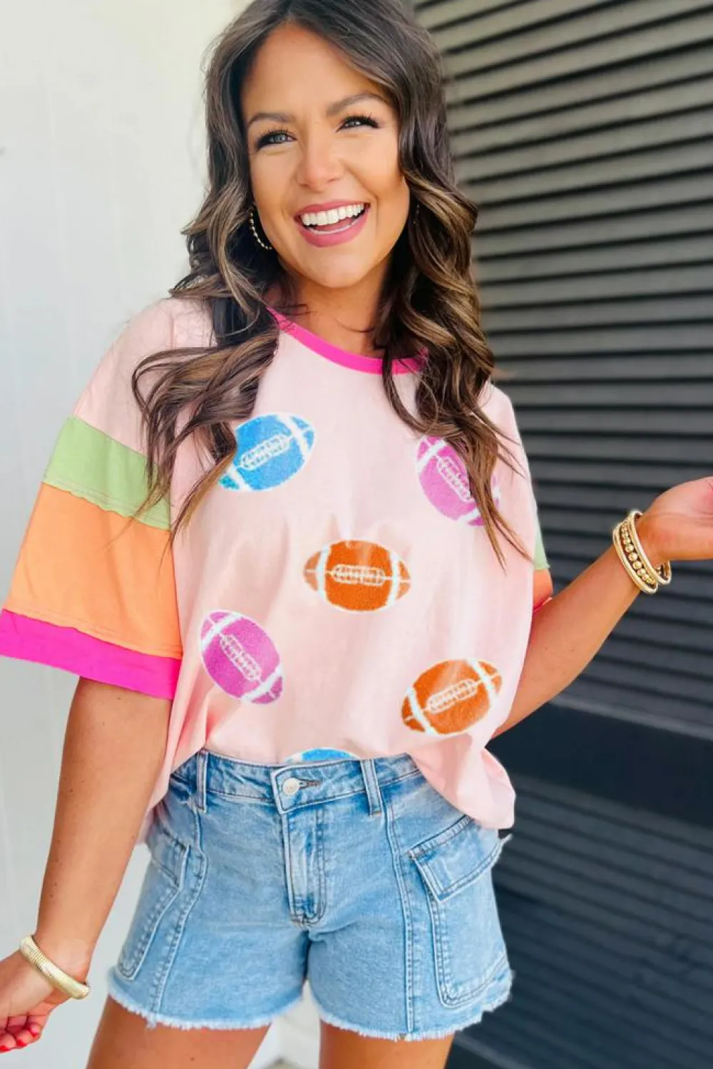 Fashion Dear-Lover Rugby Chenille Embroidered Color Block Half Sleeve T Shirt Pink