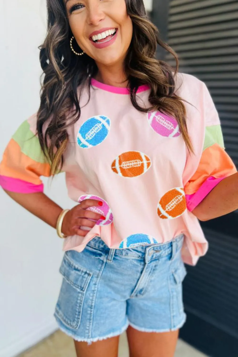 Fashion Dear-Lover Rugby Chenille Embroidered Color Block Half Sleeve T Shirt Pink