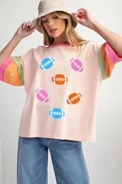 Fashion Dear-Lover Rugby Chenille Embroidered Color Block Half Sleeve T Shirt Pink