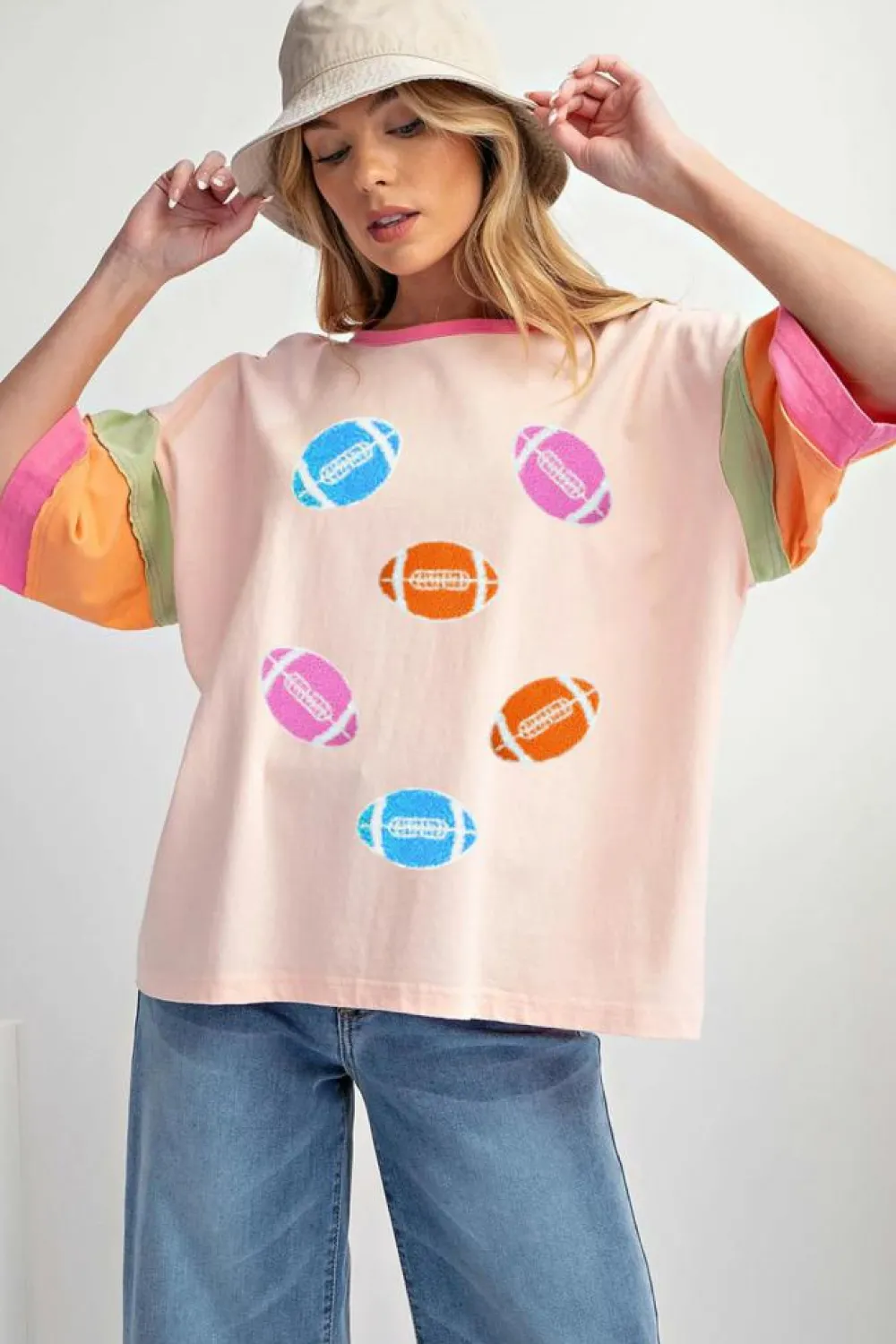Fashion Dear-Lover Rugby Chenille Embroidered Color Block Half Sleeve T Shirt Pink