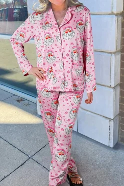 Sale Dear-Lover Santa Claus Snowflake Long Sleeve Shirt Christmas Pajama Set Pink