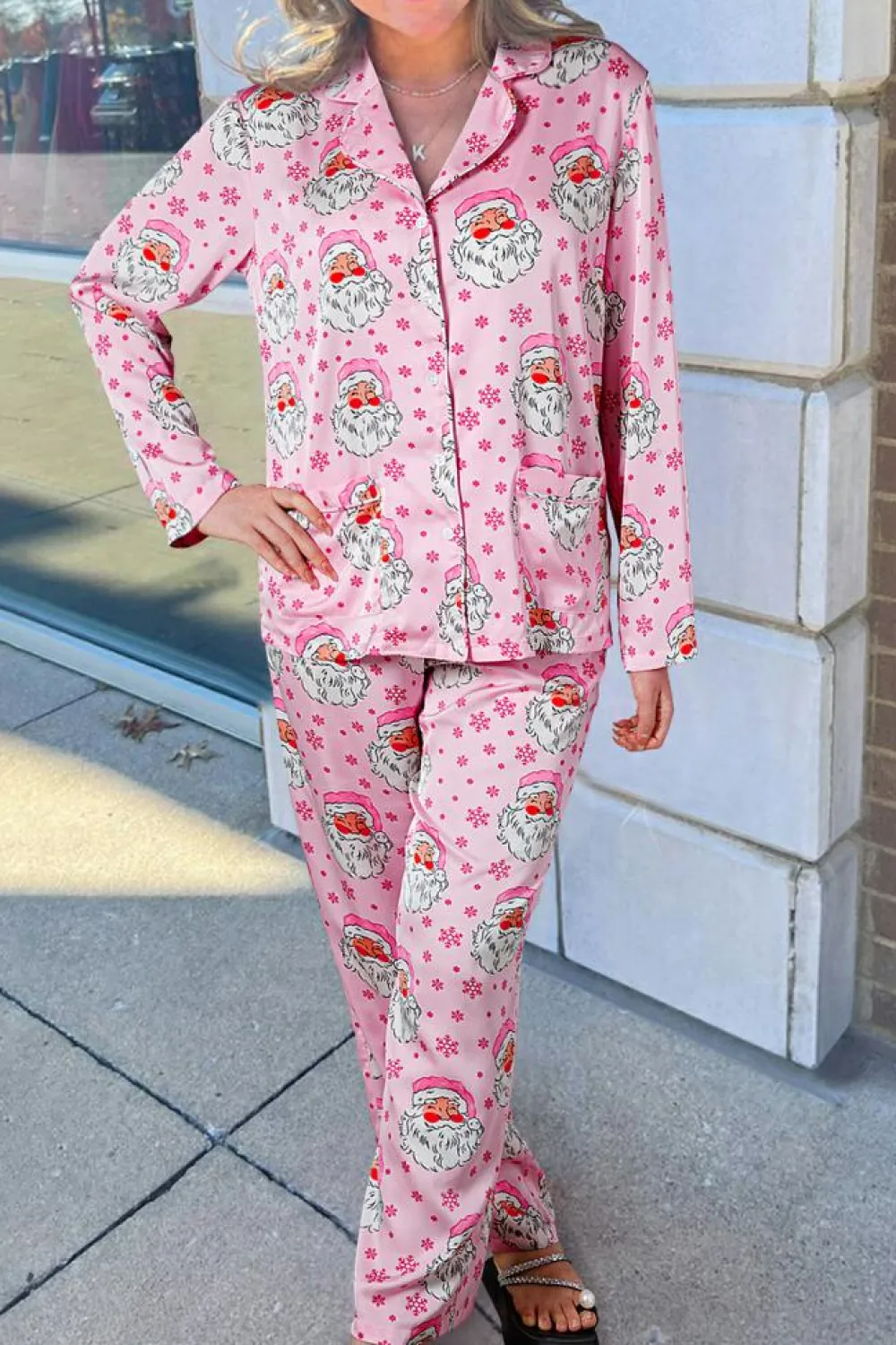 Sale Dear-Lover Santa Claus Snowflake Long Sleeve Shirt Christmas Pajama Set Pink
