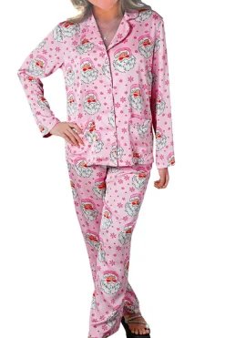 Sale Dear-Lover Santa Claus Snowflake Long Sleeve Shirt Christmas Pajama Set Pink