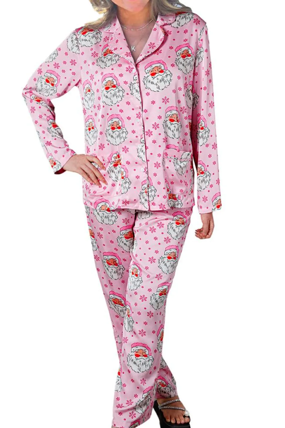 Sale Dear-Lover Santa Claus Snowflake Long Sleeve Shirt Christmas Pajama Set Pink