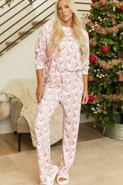 Discount Dear-Lover Santa Claus Striped Print Loose Fit Two Piece Lounge Set Pink