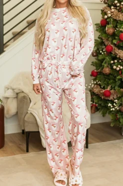 Discount Dear-Lover Santa Claus Striped Print Loose Fit Two Piece Lounge Set Pink